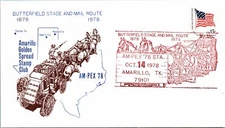 BUTTERFIELD STAGE AND MAIL ROUTE CENTENNIAL CACHET COVER AMARILLO 1978 -Oct 14