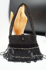 Vtg ART-DECO Black Hand Seed Beaded Handbag Button Closure Beautiful Condition