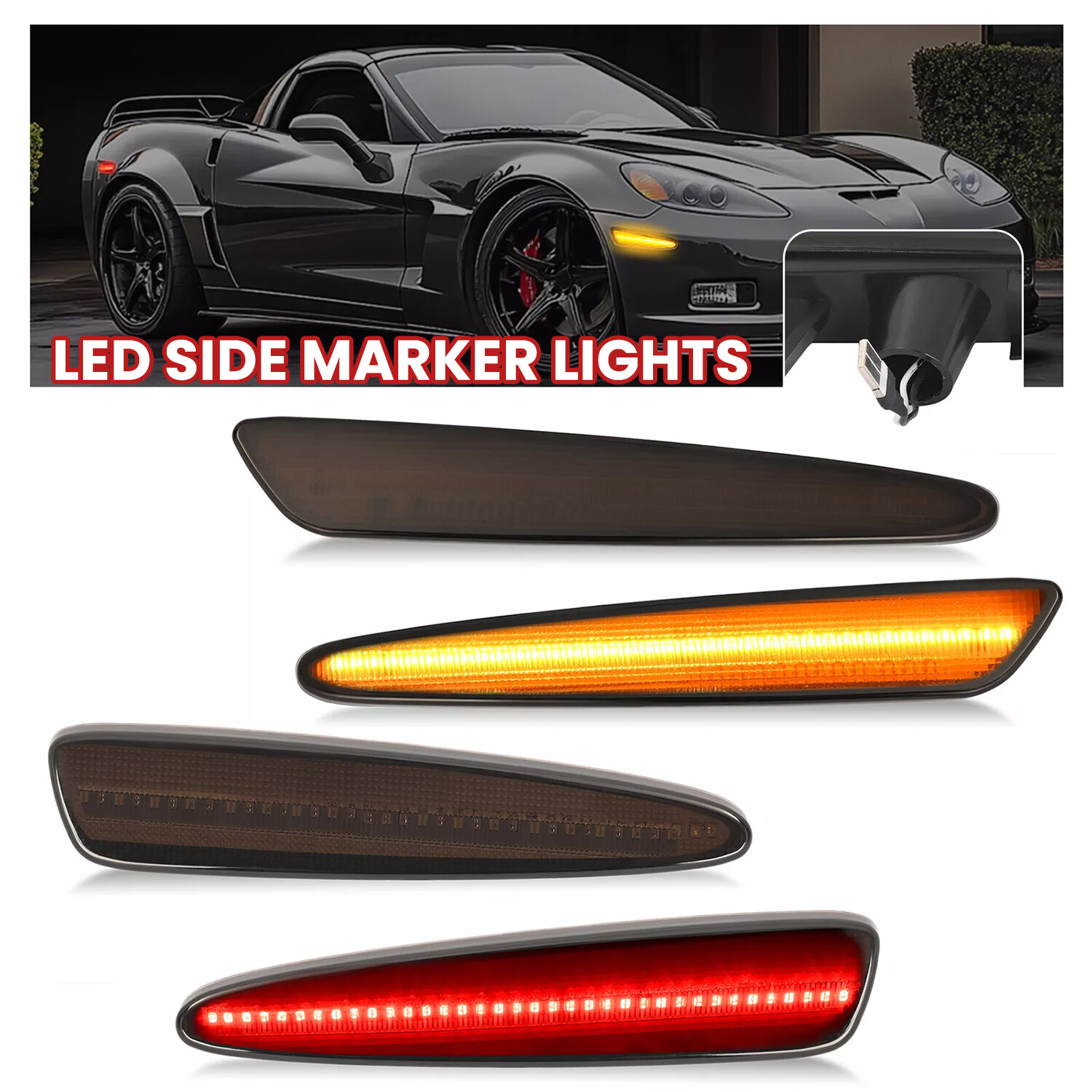 2005-13 Chevy Corvette C6 Smoked LED Side Marker Lights - Amber Front, Red Rear  