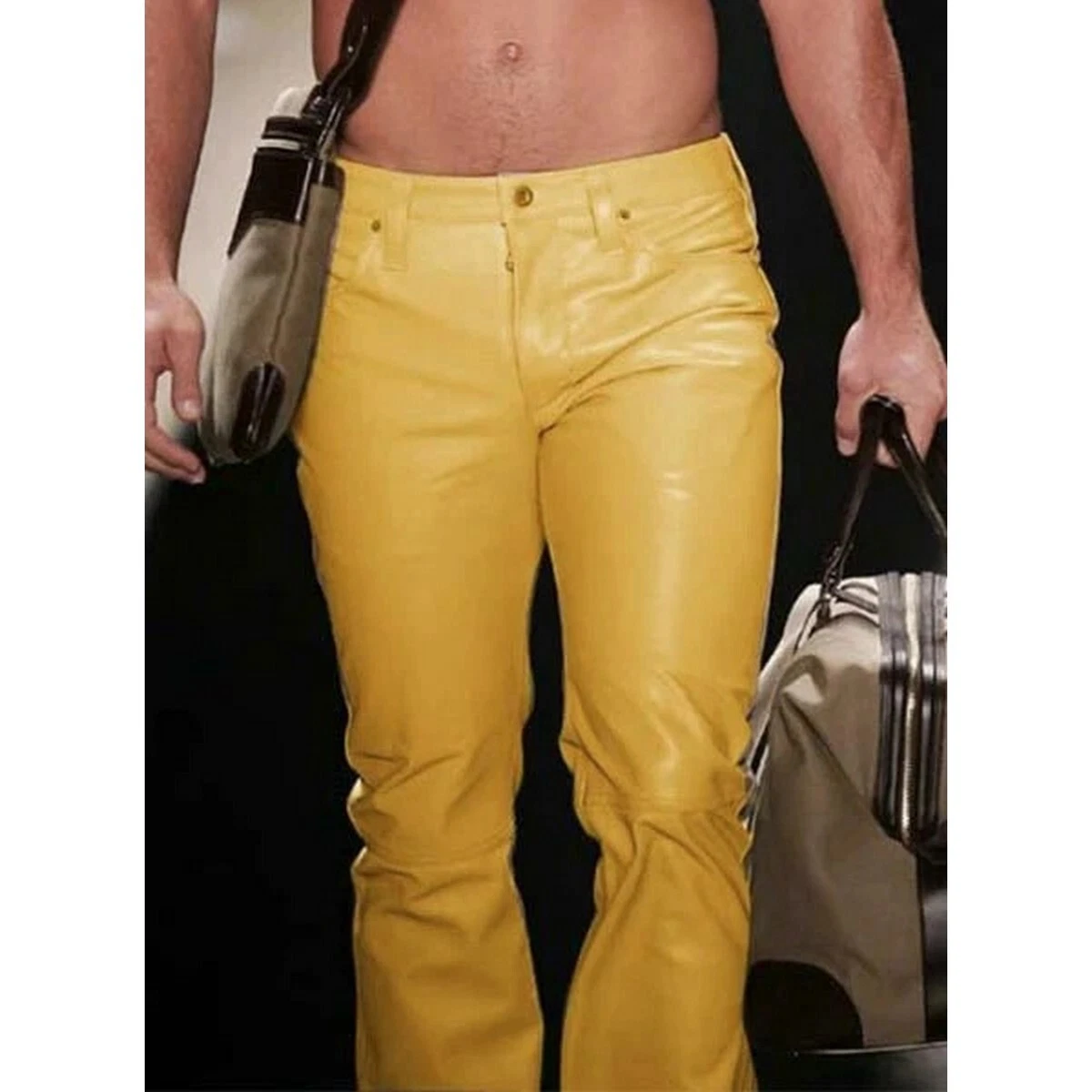 New Men's Leather Pant Genuine Lambskin Yellow Leather Jeans Style