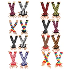 2pairs Women's Long Fingerless Striped Arm Gloves Elbow Sleeve Warm Mittens