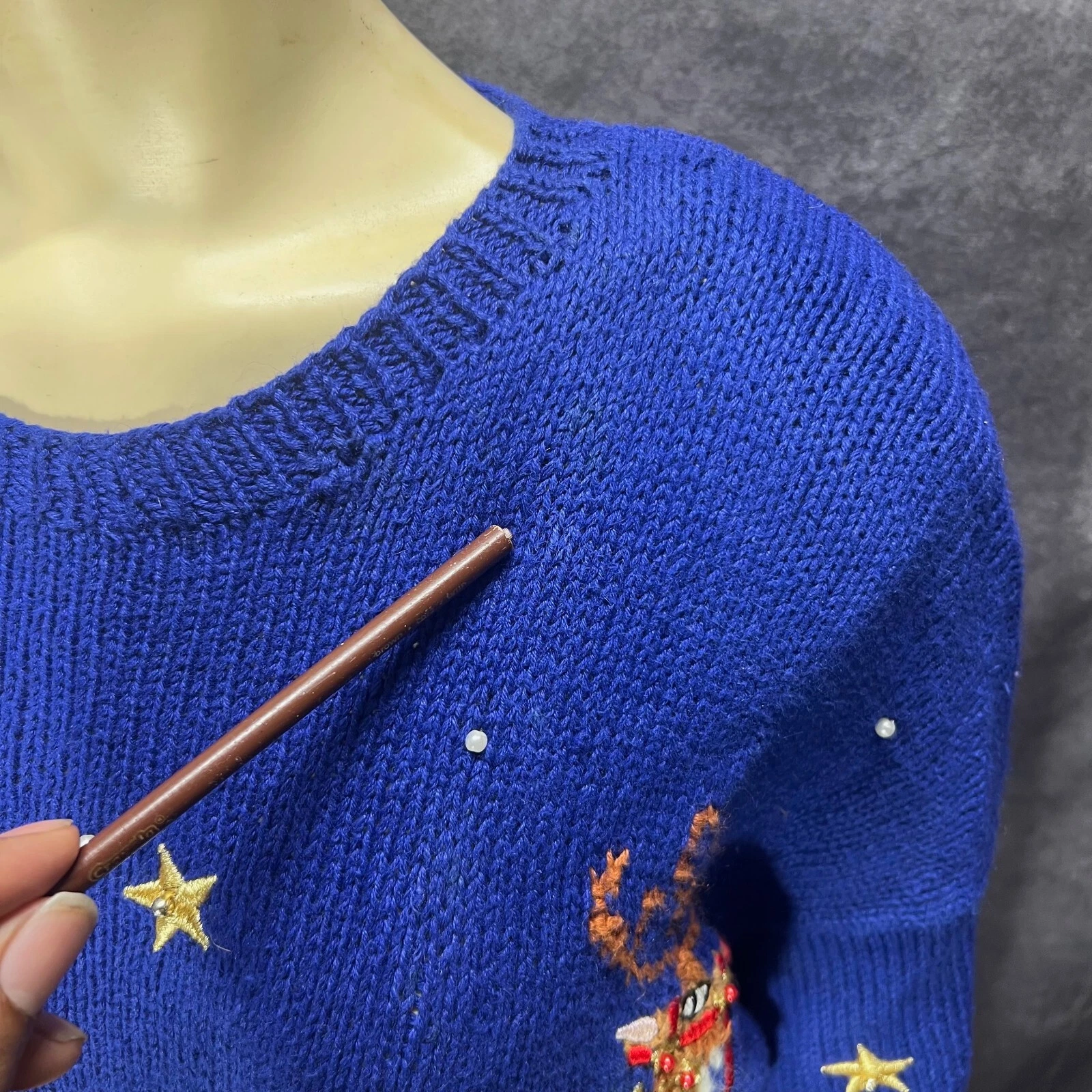 VTG Marisa Christina Ugly Christmas Sweater Womens L Blue Santa Sleigh Rudolph