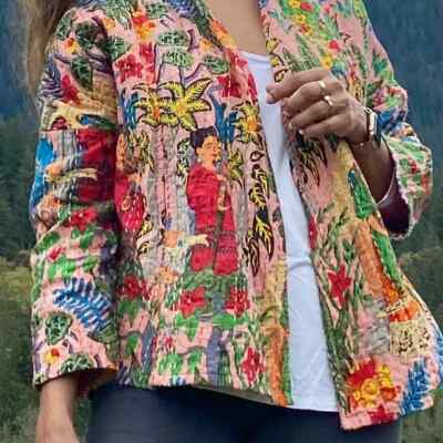 Handmade Kantha Jacket Quilted Short Kimono Women Wear White Frida Khalo pink
