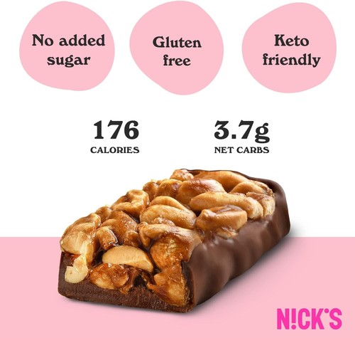 NICKS Nut Bar Peanut crunch, Vegan Chocolate Keto Snack 3.7 Net Carbs, 176 Calo - Picture 2 of 20