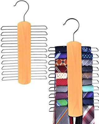  2 Pack Premium Wooden Necktie and Belt Hanger, Walnut Wood Center Organizer 