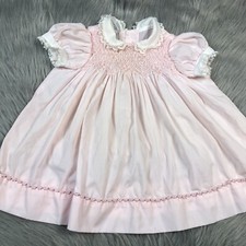 Vintage Polly Flinders Baby Girls Pink Floral Smocked Lace Trim Dress