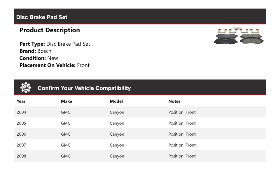For 2004-2008 GMC Canyon Bosch QuietCast Ceramic Brake Pads Front 2005 2006 2007 Foto 2 de 4