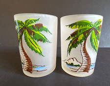 Frosted Satin Glass Palm Tree Lg Hazel Atlas Shot Glasses Set of 2 Tiki Barware