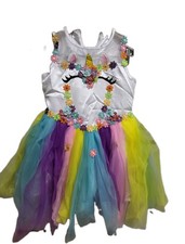 Girls Unicorn Costume Dress Multicolor Polyester Tulle Skirt, Size L, Headpiece.