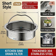 304 Stainless Steel Kitchen Sink Strainer, Universal Fit Drain Filter with Handl