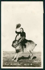 aa Photomontage Exaggeration rabbit Rodeo original old 1910s RPPC photo postcard