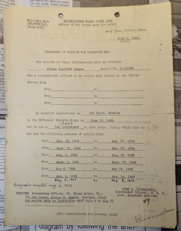 1930 HQ 1st Corps Area Army Base Boston MA Albion T Sawyer Cavalry
