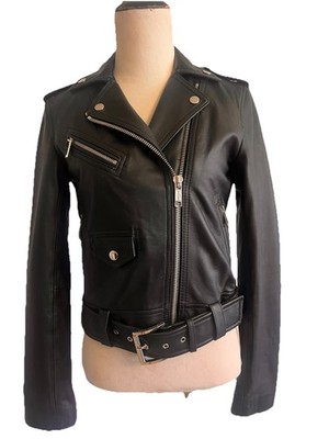Michael Kors MMK Women's Black Lambskin Leather Moto Biker Jacket Size XS EUC