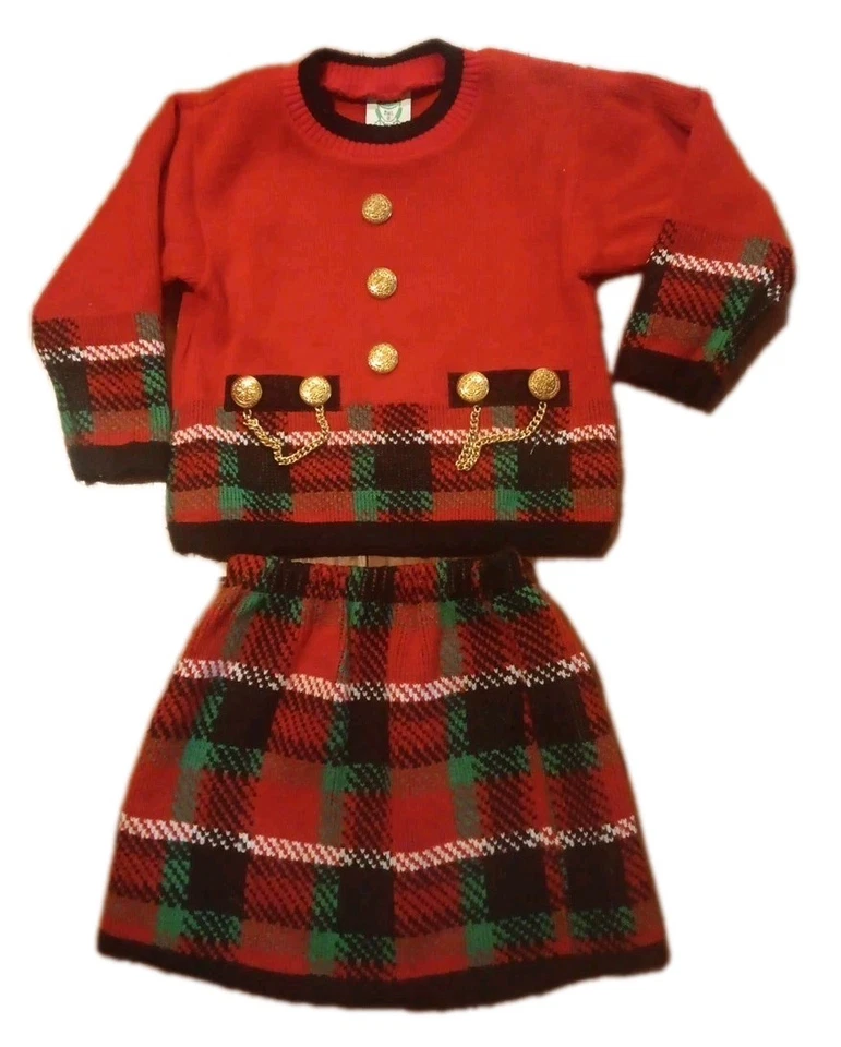 Vintage Girls 4T Sweater Knit Plaid Skirt Christmas Red Green Preppy Bull Frog - Image 2 of 4