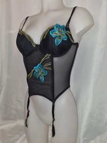 💝 Gorgeous Black ANN SUMMERS Underwired boned corset basque Suspenders size 34B