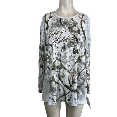Jess Jane Happy Holidays Graphic Long Sleeve Tunic Top 1X White Gold Christmas