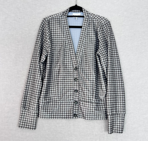 Ganni Metallic Silver Gingham Button Jacket 42 / XL Stretch Plaid Check Shiny