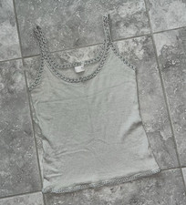 TSE Brand Cashmere Linen Knit Sleeveless Tank Top Crochet Trim Classy Gray New S