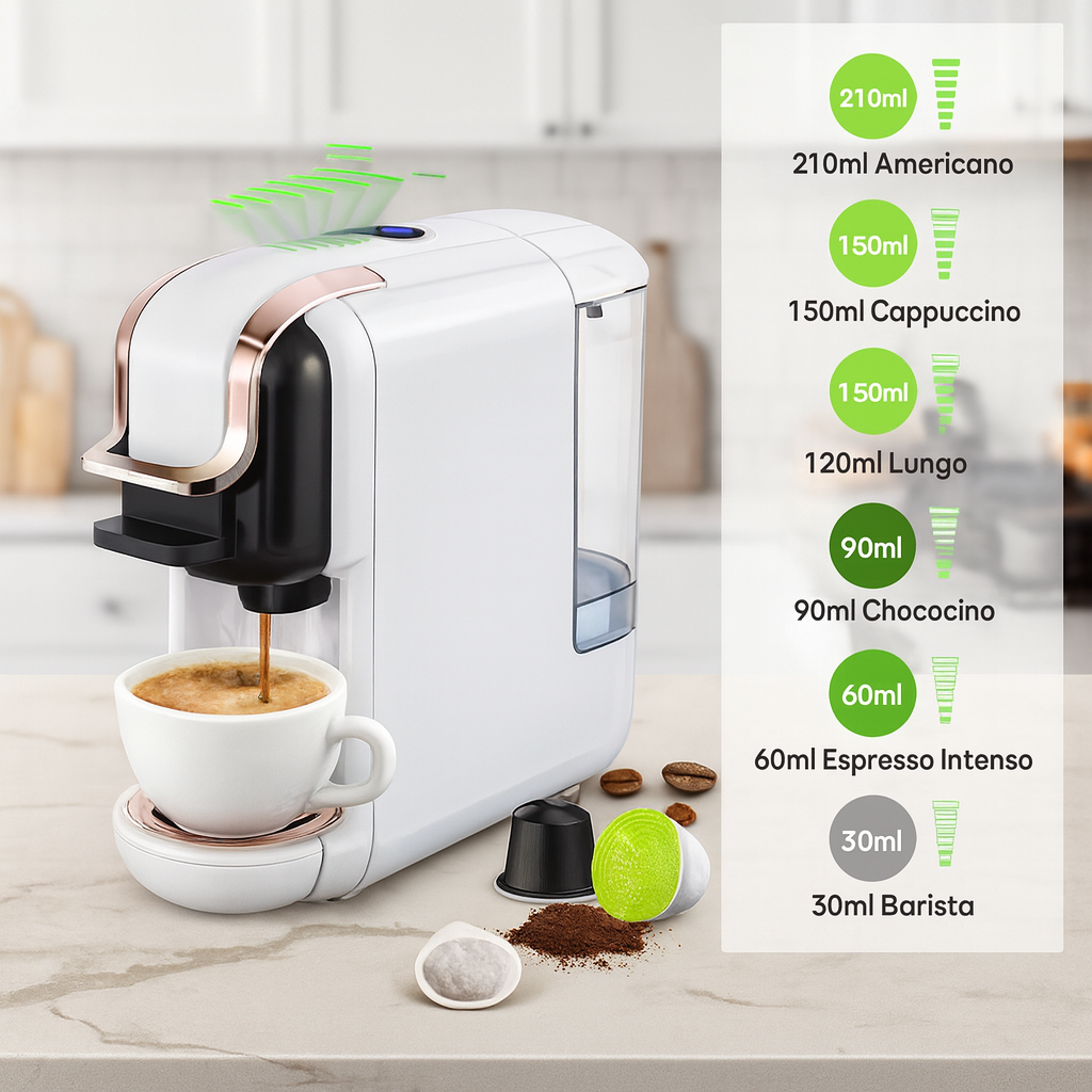 Capsulekoffiezetapparaat, 5-in-1 Espressomachine Voor Kcup*/Nes*/DG*/espressopoeder, 19 Bar Espressomachine, 1450 W Snelle Warmtekoffiezetapparaat
