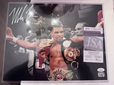 Mike Tyson Autographed Signed 11x14 Photo With Belts ( 2-COAs JSA & Fitterman )
