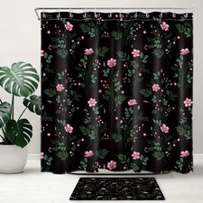 Cottage Green Leaf Pink Wildflower Black Shower Curtain Bathroom Accessories Set
