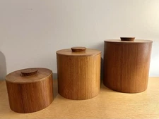 3 Mid Century Modern Teak Bent Wood Canisters Graduated Containers MCM