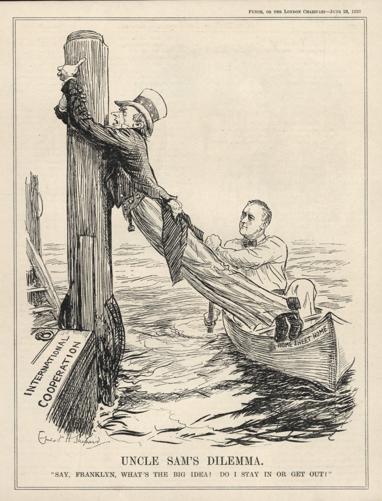 Rare 1933 British Cartoon Satire FRANKLIN ROOSEVELT Uncle Sam USA ISOLATIONISM