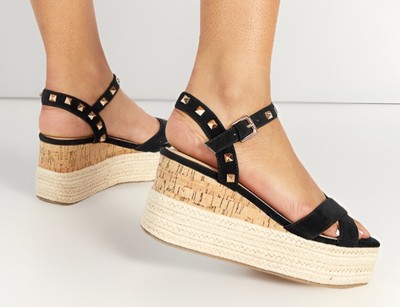 SHOEDAZZLE Alfina Black Caviar Buckle Wedges Woven Cork Sandals New Womens Sz 8
