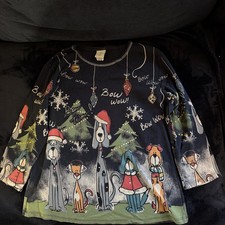 Women’s Medium Jess & Jane Bow Wow Dog Christmas Tshirt Made In USA 100% Cotton