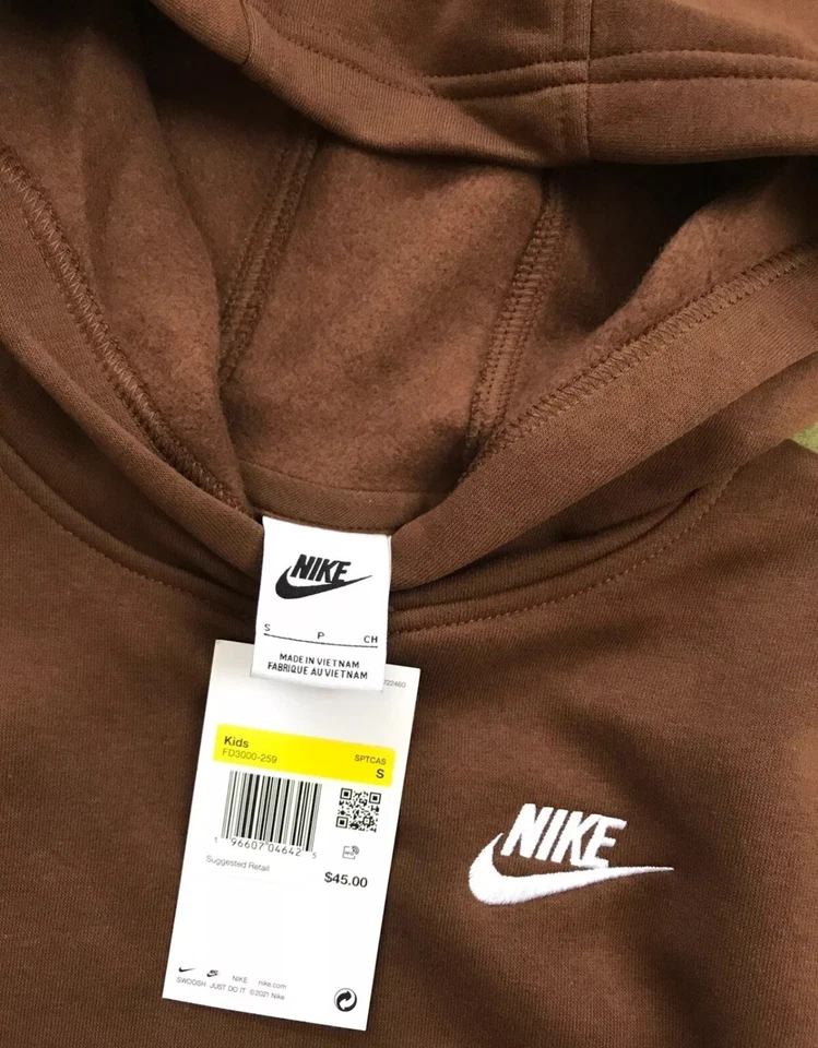 Новый с Ярлыками Nike Kids молодежи Sz S Sportswear клуб флис толстовка с капюшоном FD3000-259 коричневый новый размер S - Изображение 3 из 3