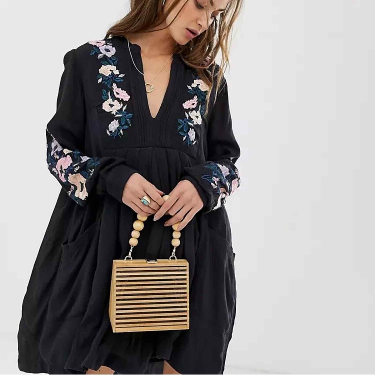 Free People Mia Embroidered Mini Dress - Black XS