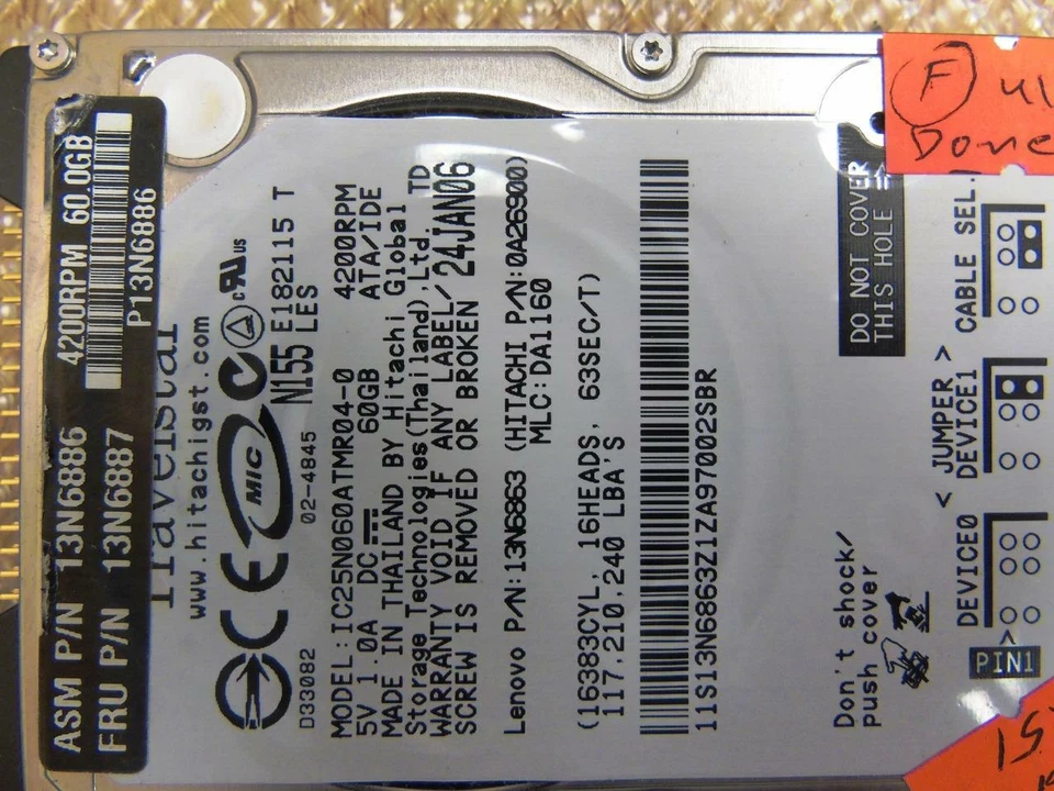 IBM Hitachi 60GB Laptop Hard Drive HDD 9.5MM 2.5" 4200RPM IDE 13N6886 13N6887 - Image 4 of 4