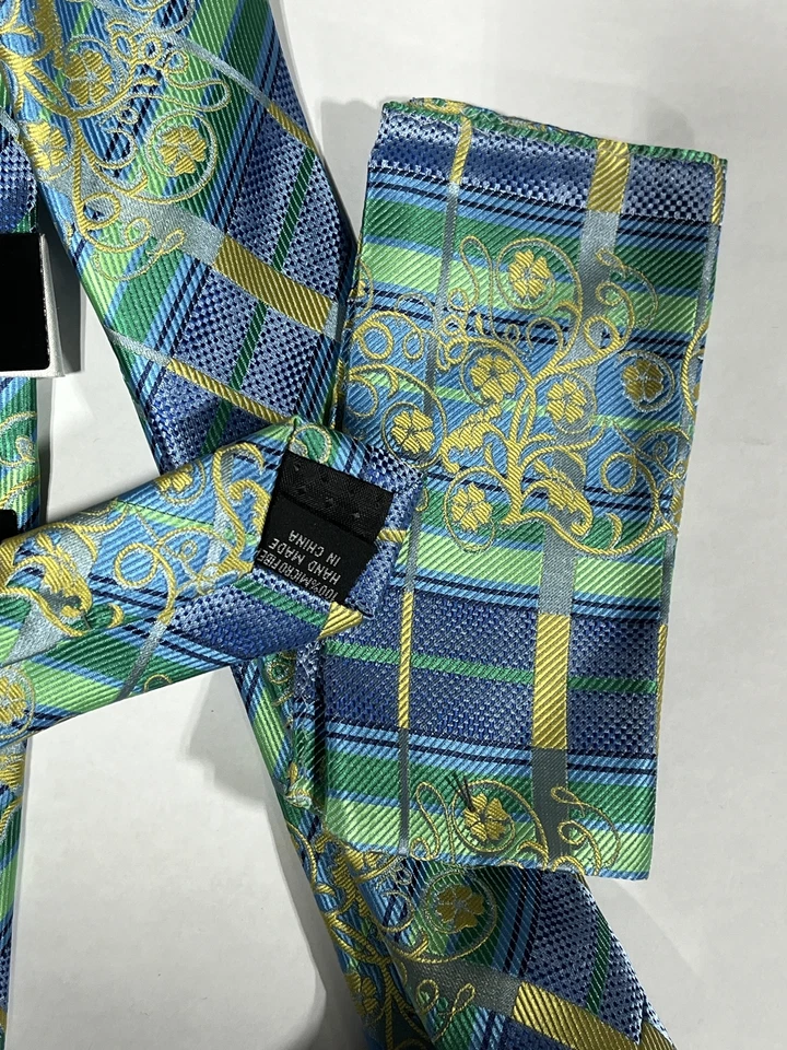Mens Stacy Adams Blue Floral Plaid Pattern Tie With Matching Pocket Square NEW - Image 2 of 3