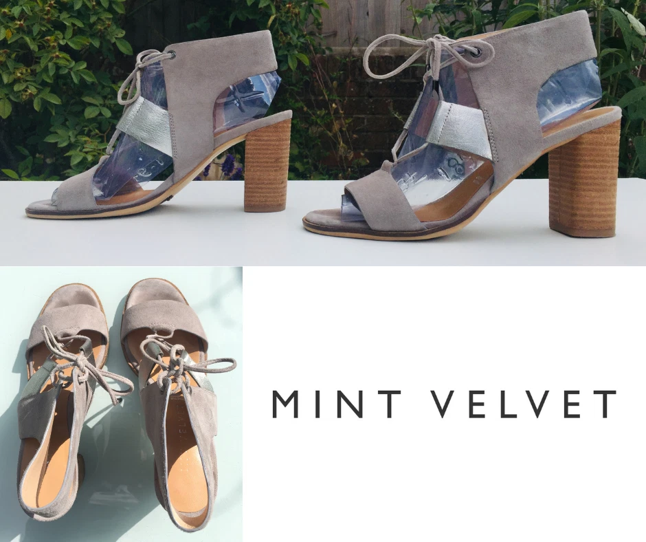 Mint Velvet Heeled Sandals GREY Suede With SILVER Leather Lace up Eu 40 UK 7