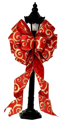 HANDMADE 10” WIDE RED GOLD SWIRL CHRISTMAS BOW-FOR DECORATION, GIFT, WREATH, LANTERN