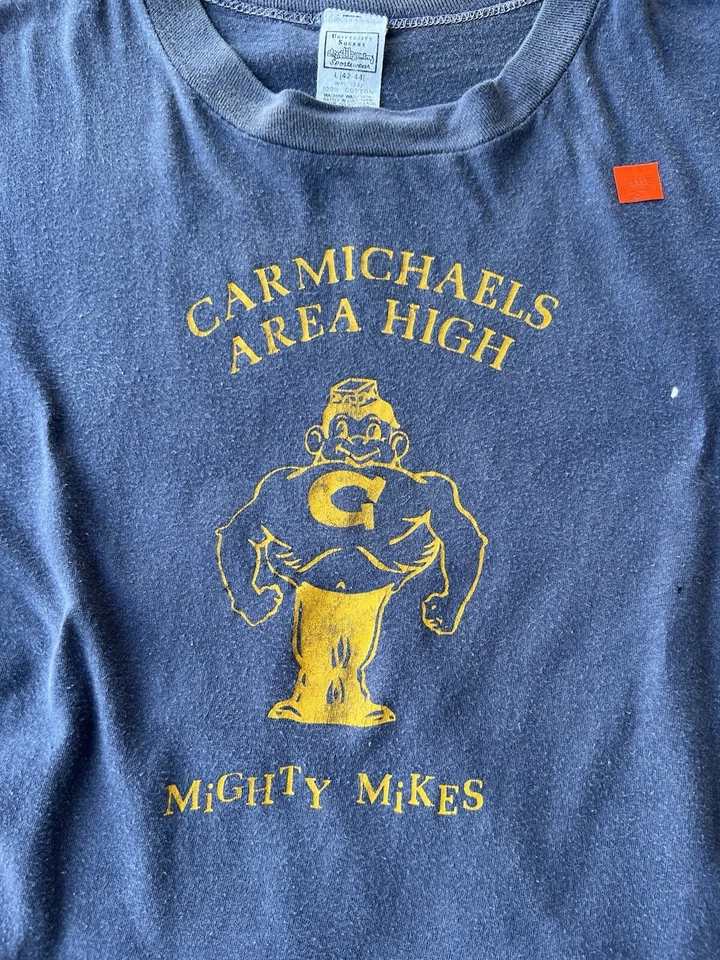 Camisa Grande Vintage Años 60 Carmichael’s Mighty Mikes High School Mascota Logo Foto 3 de 4