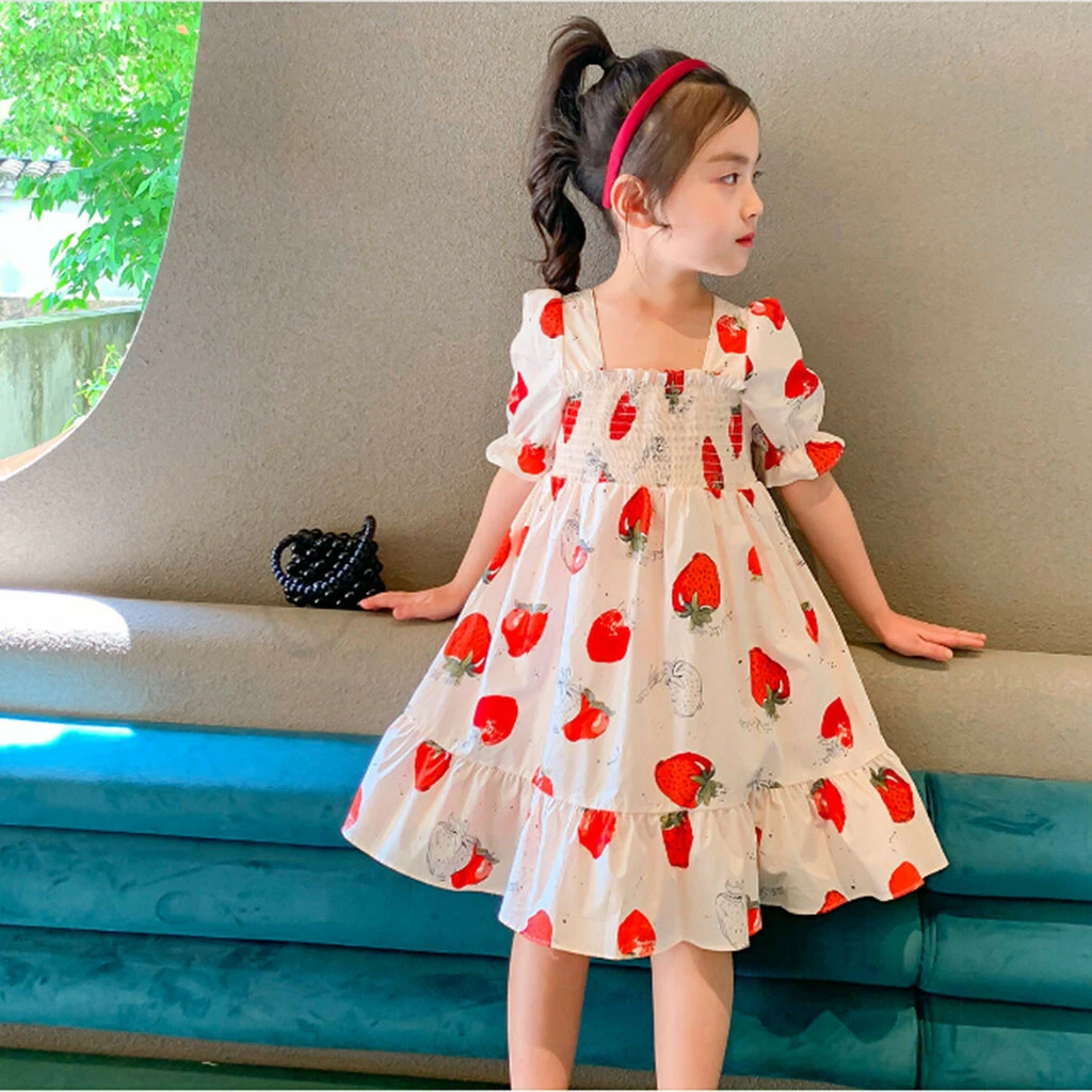 Toddler Baby Kids Girls Strawberry Ruched Dress Princess Dresses Clothes