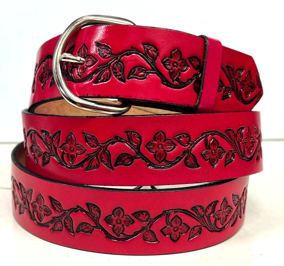 Cinturón para mujer de cuero genuino con flores, 1 1/2" de ancho, vendedor de EE. UU., hecho a mano Foto 3 de 4