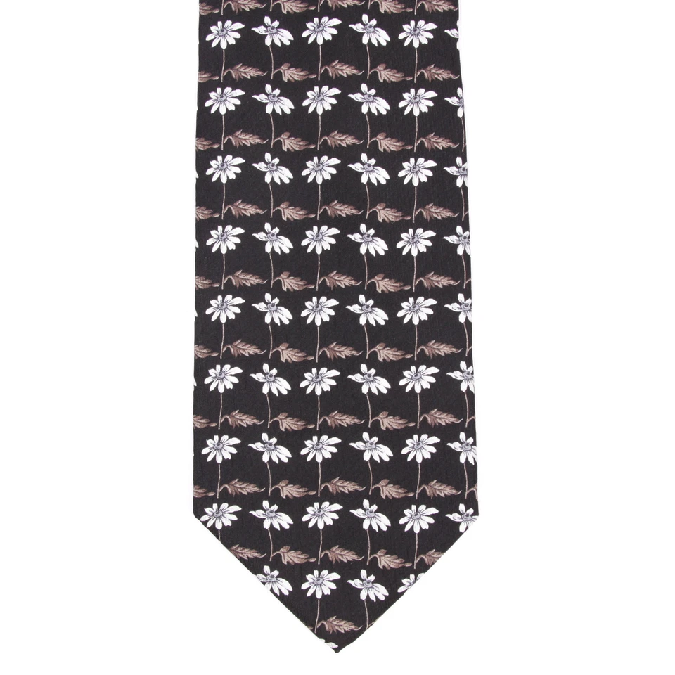 LEONARD STUDIO Floral Daisy Print on Black Sleek Silk Neck Tie - Image 2 of 4
