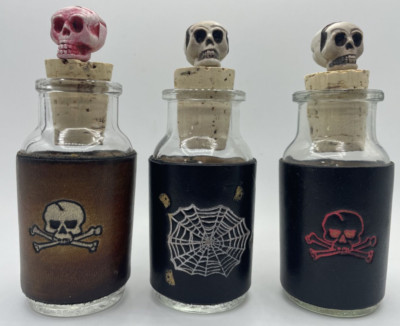 Magic Potion Bottles Lot Of 3 Leather Wrap Skull Stopper Apotocary Halloween Dec