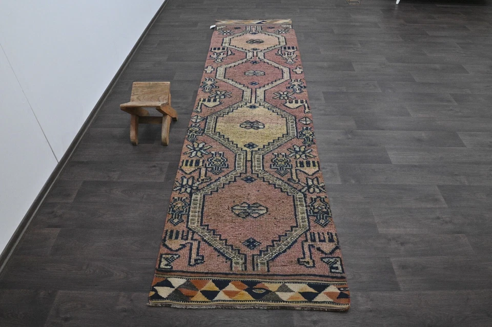 Vintage Turkish Runner Rug 3x11ft Wool Anatolian Handmade Hallway Oushak PINK - Image 2 of 4