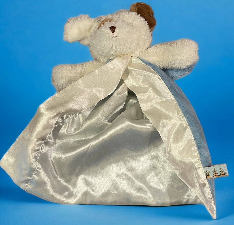 Bunnies By The Bay Puppy Dog Lovey Security Blanket Blue Brown White Satin - Image 3 of 3