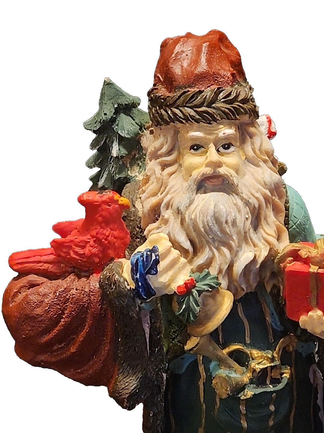 Santa Claus Figurine Santa w Gifts Cardinal Bell Dog Bag Resin Figure