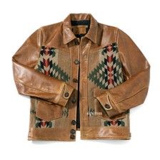 Mens Vintage Leather Western Tribal Aztec Jacket Southwestern Coat Button Navajo