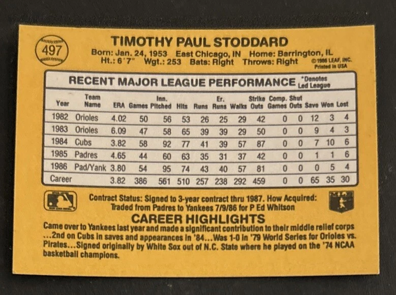 1987 Donruss Tim Stoddard Baseball Card #497 Yankees Pitcher GD/VG O/C - Image 2 of 2