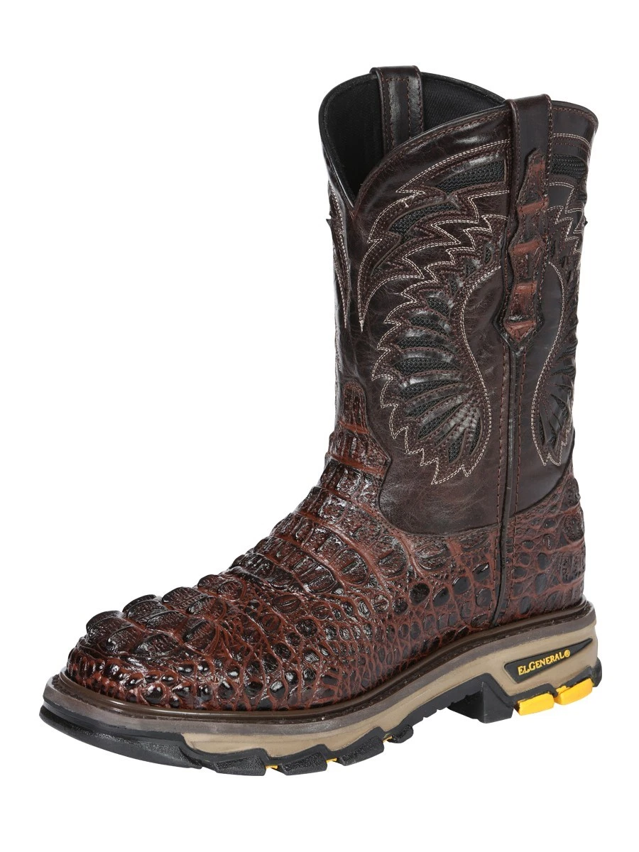 Genuine Leather Square Toe Exotic Caiman Gator Print Western Work Boot - Brown