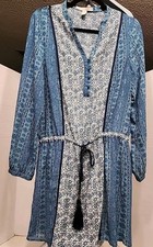 Forever 21 Size Large V-neck  Floral Teal Tan Tie Waist Sheer Dress Bohemian 