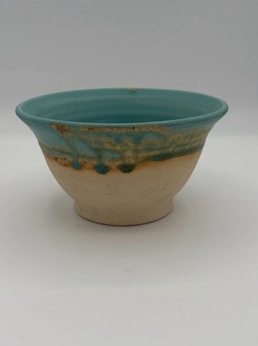 John Zentner Aqua Blue Tan Drip Speckled Abstract Art Pottery Bowl 6"