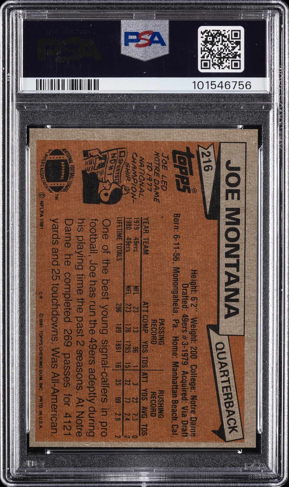 1981 TOPPS #216 JOE MONTANA PSA 8 view 2