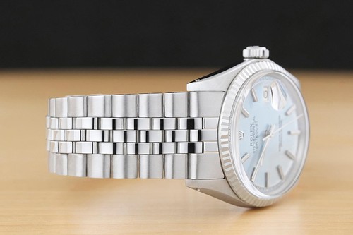 ROLEX DATEJUST 1601 ICE BLUE DIAL 18K WHITE GOLD STEEL FOLDED BRACELET WATCH - Afbeelding 7 van 9